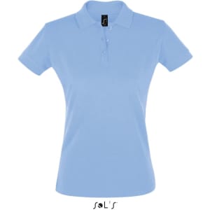 A light blue women's polo shirt made of 100% cotton pique, featuring a branded label and three buttons.