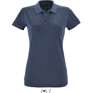 A women's polo shirt in navy blue, made from 100% cotton pique, featuring a collar and buttons. Includes a logo.