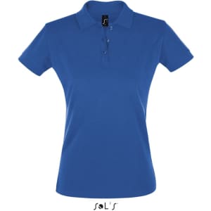 A women's polo shirt in vibrant blue, made from 100% cotton pique, featuring a collar and three-button placket.