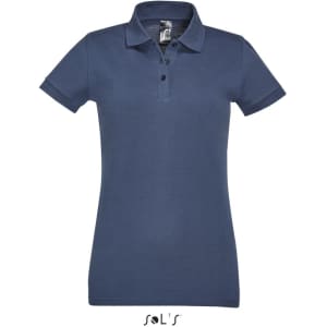 A navy blue women's polo shirt made from 100% cotton pique. Features a collar and buttons, with a logo present.