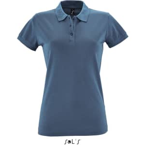 A women's polo shirt in blue, made from 100% cotton pique, featuring a collar and buttons. It has a logo.