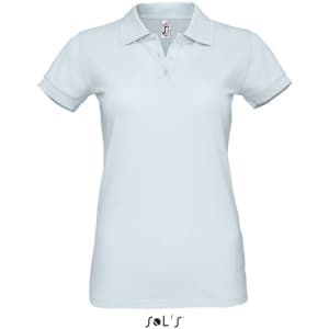 A light blue women's polo shirt made from 100% cotton pique, featuring a collar and short sleeves. It has a logo.