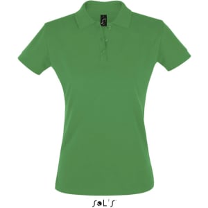 A women's polo shirt in vibrant green, made from 100% cotton pique, featuring a collar and three buttons.