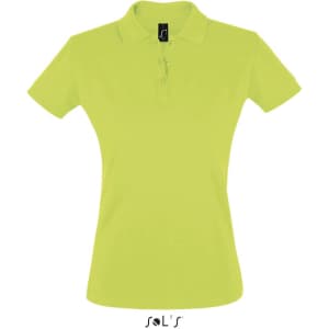 A women's polo shirt in bright yellow, made of 100% cotton pique, featuring a logo.