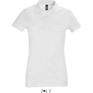 A women's polo shirt in white, made of 100% cotton pique, featuring a branded logo.