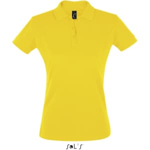 A women's polo shirt in bright yellow, made from 100% cotton pique, featuring three buttons and a logo.