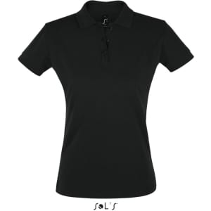 A black women's polo shirt in 100% cotton pique, featuring a button placket and a branded logo.