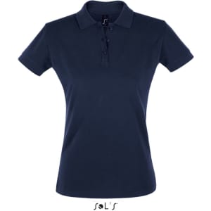 A women's polo shirt made of 100% cotton pique in navy blue with a three-button placket and logo.
