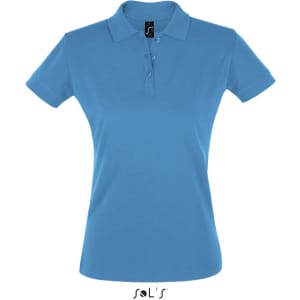 A women's polo shirt in light blue, featuring a collar and three-button placket, with a logo at the neck.