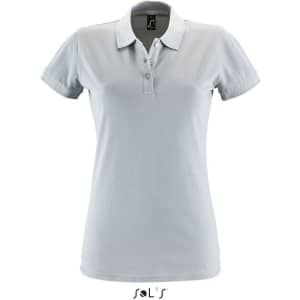 A light grey women's polo shirt made of 100% cotton pique, featuring a collar and a logo on the label.