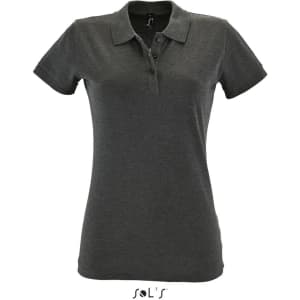 A women's polo shirt in charcoal grey, made from 100% cotton pique, featuring a logo on the collar.