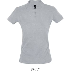 A grey women's polo shirt made of 100% cotton pique, featuring a collar and three-button placket. It has a logo.