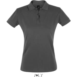 A women's polo shirt in dark grey, made from 100% cotton pique, featuring a logo on the collar.