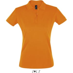 An orange women's polo shirt made of 100% cotton pique, featuring a collar and buttons, with a brand label.