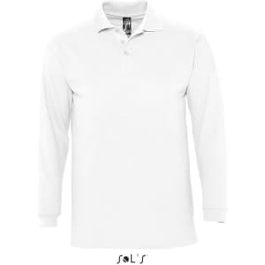 A long sleeve men's polo shirt in white made from 100% combed ring spun cotton, featuring a logo.