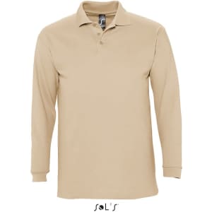 A long sleeve men's polo shirt in beige, made from 100% combed ring spun cotton, featuring a logo.