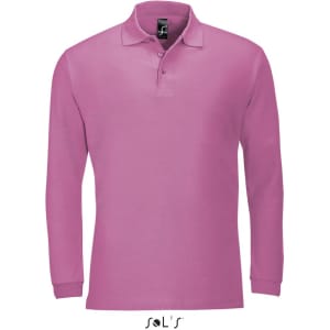 A long sleeve men's polo shirt in pink, made of 100% combed ring spun cotton, with a logo on the collar.