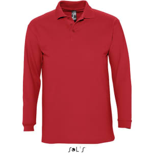 A long sleeve men's polo shirt in red, made from 100% combed ring spun cotton, featuring a logo.