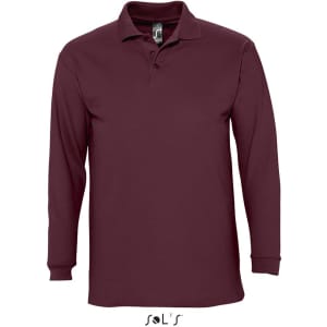 A maroon long-sleeve polo shirt made from 100% combed ring-spun cotton, featuring a collar and a logo.