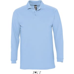 A long sleeve men's polo shirt in light blue, made from 100% combed ring spun cotton, featuring a logo.