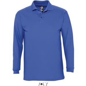 A long sleeve men's polo shirt in blue, made of 100% combed ring spun cotton, featuring a logo.