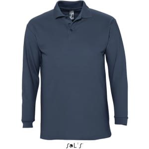 A long-sleeve men's polo shirt in navy blue made of 100% combed ring-spun cotton, featuring a logo.