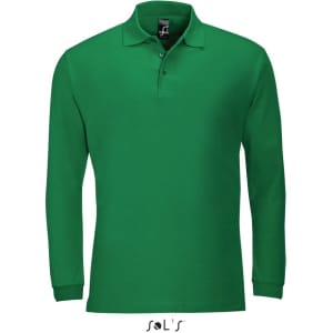 A long sleeve men's polo shirt in vibrant green, made from 100% combed ring spun cotton. Features a branding logo.
