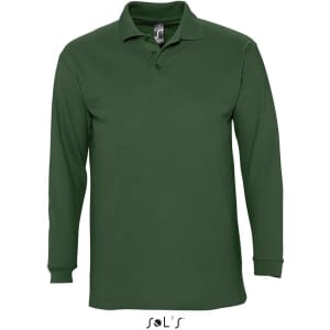 A long-sleeve polo shirt in dark green, made from 100% combed ring spun cotton. Features a logo.