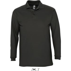 A long sleeve men's polo shirt in dark green, made from 100% combed ring spun cotton. It features a logo.