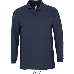 A navy long-sleeve polo shirt made from 100% combed ring spun cotton, featuring a small logo.