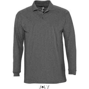 A long sleeve men's polo shirt in dark grey, made from 100% combed ring spun cotton, featuring a logo.