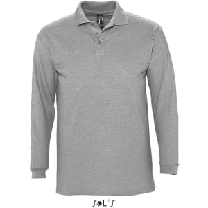 A long sleeve men's polo shirt in grey, made from 100% combed ring spun cotton, featuring a logo.
