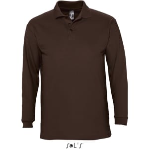A long sleeve men's polo shirt in dark brown, made from 100% combed ring spun cotton, featuring a logo.