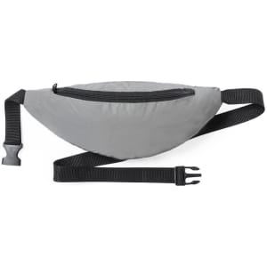 A grey fanny pack with a zippered compartment and adjustable strap. It features a buckle for secure wear.