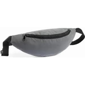 A grey waist bag with a zippered pocket and an adjustable strap. Features a smooth, rounded design.