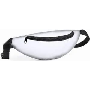 A fanny pack in white with a black zippered pocket and an adjustable strap. It features a logo.