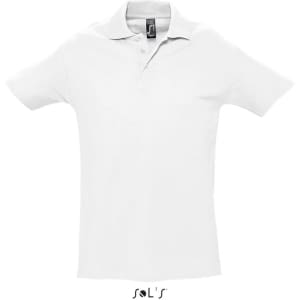 A white polo shirt made of 100% combed ring spun cotton, featuring a collar and short sleeves. It has a logo.
