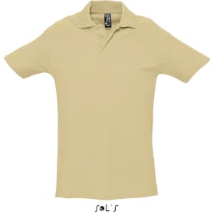 A light beige polo shirt made from 100% combed ring spun cotton, featuring a collar and a logo.