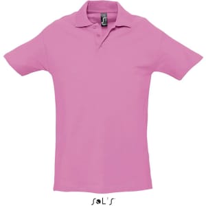 A pink men's polo shirt made of 100% combed ring spun cotton, featuring a logo on the label.