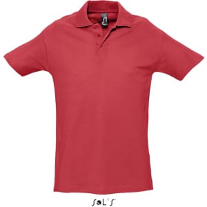 A red polo shirt made of 100% combed ring spun cotton, featuring a collar and short sleeves. It has a logo.