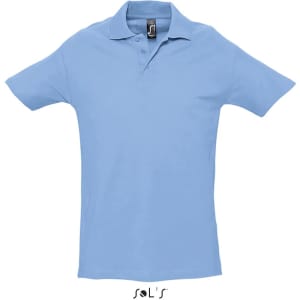 Light blue men’s polo shirt made of 100% combed ring spun cotton, featuring a collar and branded label.