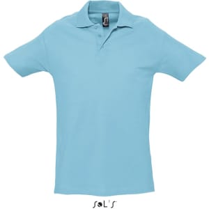 A light blue polo shirt made from 100% combed ring spun cotton, featuring a collar and short sleeves.
