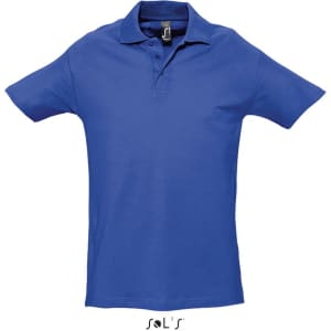 A blue polo shirt made from 100% combed ring spun cotton, featuring a collar and a logo.