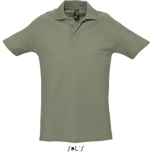 A green men's polo shirt made of 100% combed ring spun cotton, featuring a collar and short sleeves.