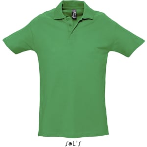 A green men's polo shirt made from 100% combed ring spun cotton, featuring a logo.