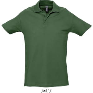 A green men's polo shirt made from 100% combed ring spun cotton, featuring a collar and short sleeves.