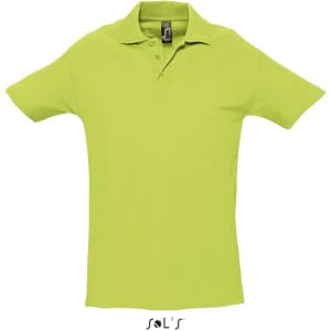 A men's polo shirt in bright lime green, made from 100% combed ring spun cotton, featuring a logo.