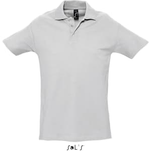 A light grey men's polo shirt made from 100% combed ring spun cotton, featuring a collar and short sleeves.