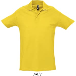 A yellow polo shirt made of 100% combed ring spun cotton with a collar and short sleeves. It features a logo.
