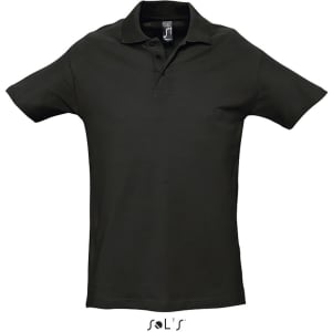 A men's polo shirt in dark green, made from 100% combed ring spun cotton, featuring a logo on the label.